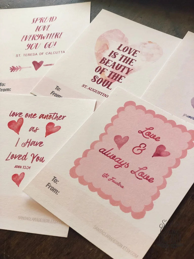 Catholic Valentine Set of six PRINTABLE mini cards | Catholic Saint & Scripture cards for St. Valentine's day, download and print from home
