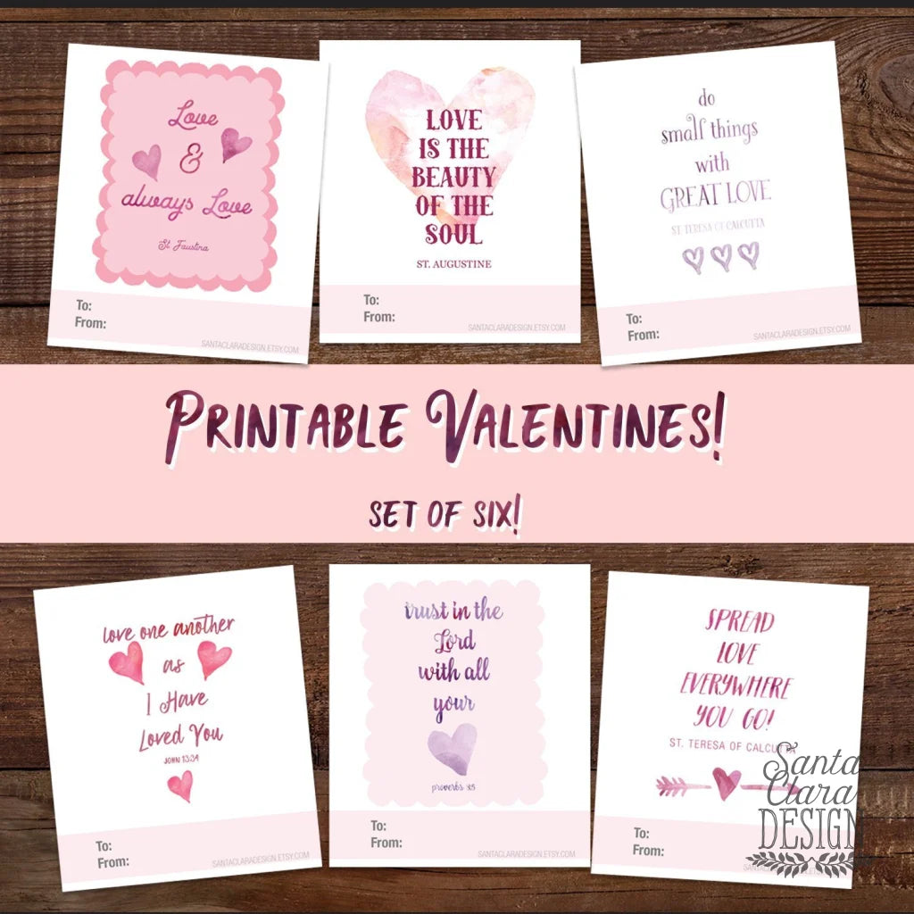 Catholic Valentine Set of six PRINTABLE mini cards | Catholic Saint & Scripture cards for St. Valentine's day, download and print from home
