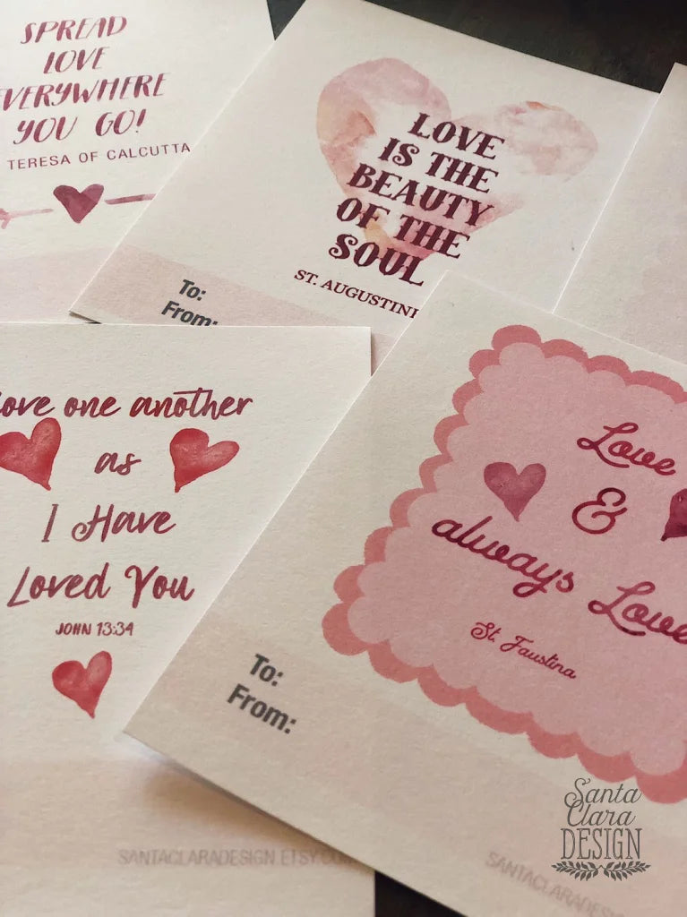 Catholic Valentine Set of six PRINTABLE mini cards | Catholic Saint & Scripture cards for St. Valentine's day, download and print from home