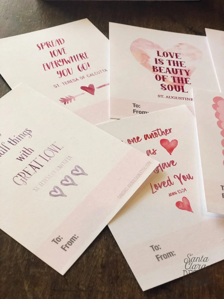 Catholic Valentine Set of six PRINTABLE mini cards | Catholic Saint & Scripture cards for St. Valentine's day, download and print from home