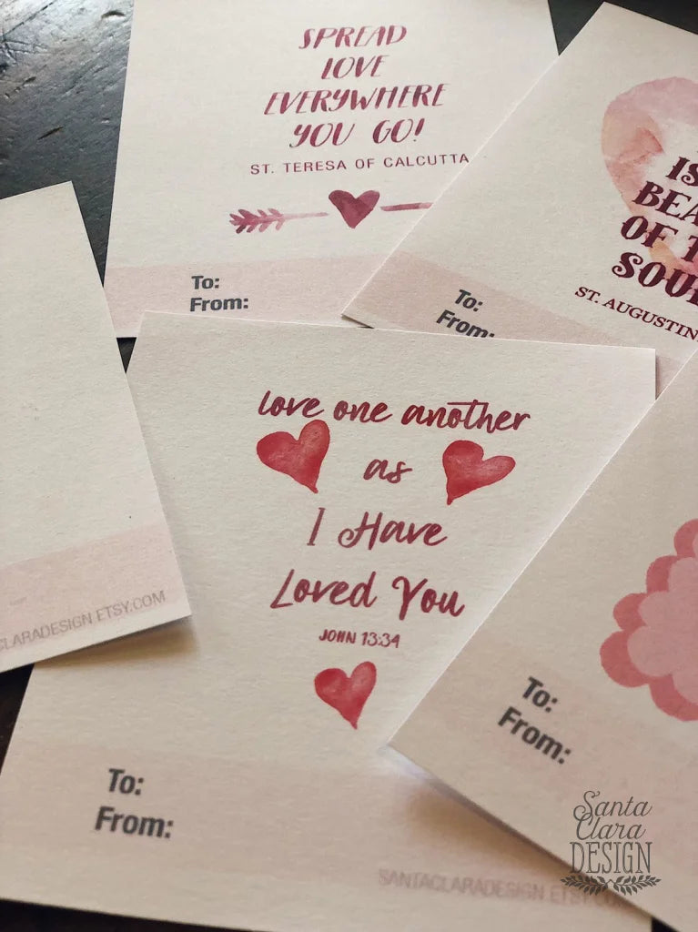 Catholic Valentine Set of six PRINTABLE mini cards | Catholic Saint & Scripture cards for St. Valentine's day, download and print from home