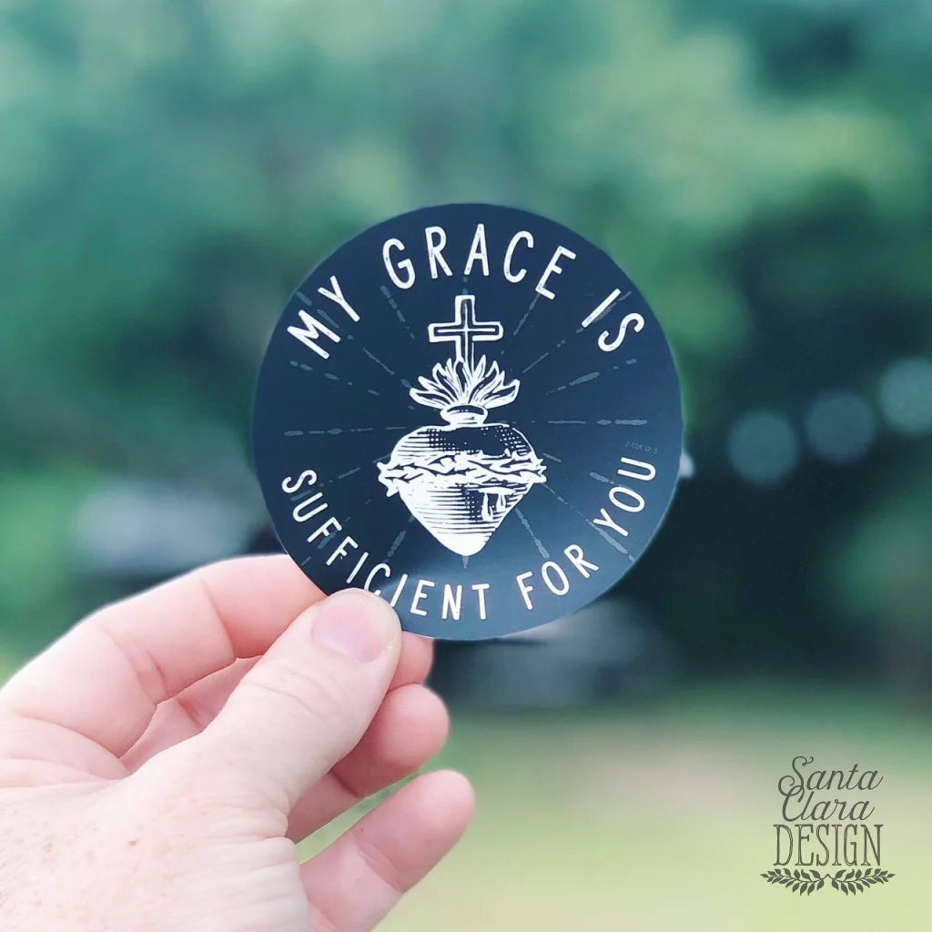 Sacred Heart Decal &amp;quot;My Grace is Sufficient for you&amp;quot; Catholic Inspirational Sticker for indoor &amp; outdoor use | waterbottle laptop faith decal