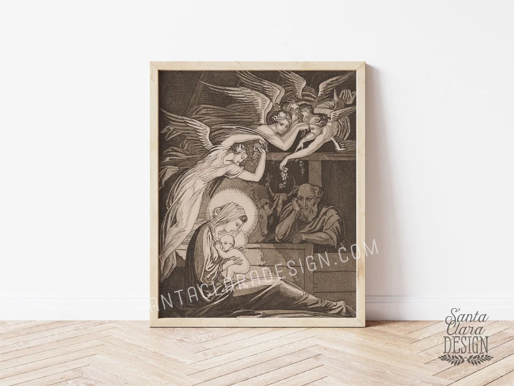 Angelic Nativity in Sepia, Vintage Catholic Art, Nursing Mary, Jesus Mary & Joseph Art Print, Catholic Christmas Decor, Vintage Advent print