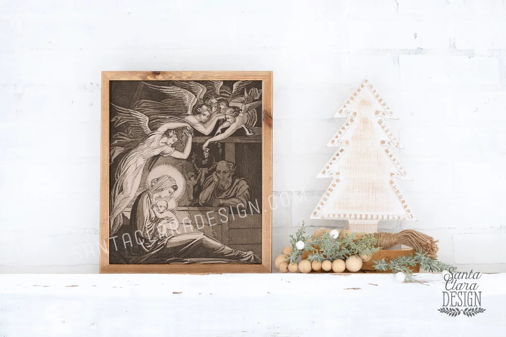 Angelic Nativity in Sepia, Vintage Catholic Art, Nursing Mary, Jesus Mary & Joseph Art Print, Catholic Christmas Decor, Vintage Advent print