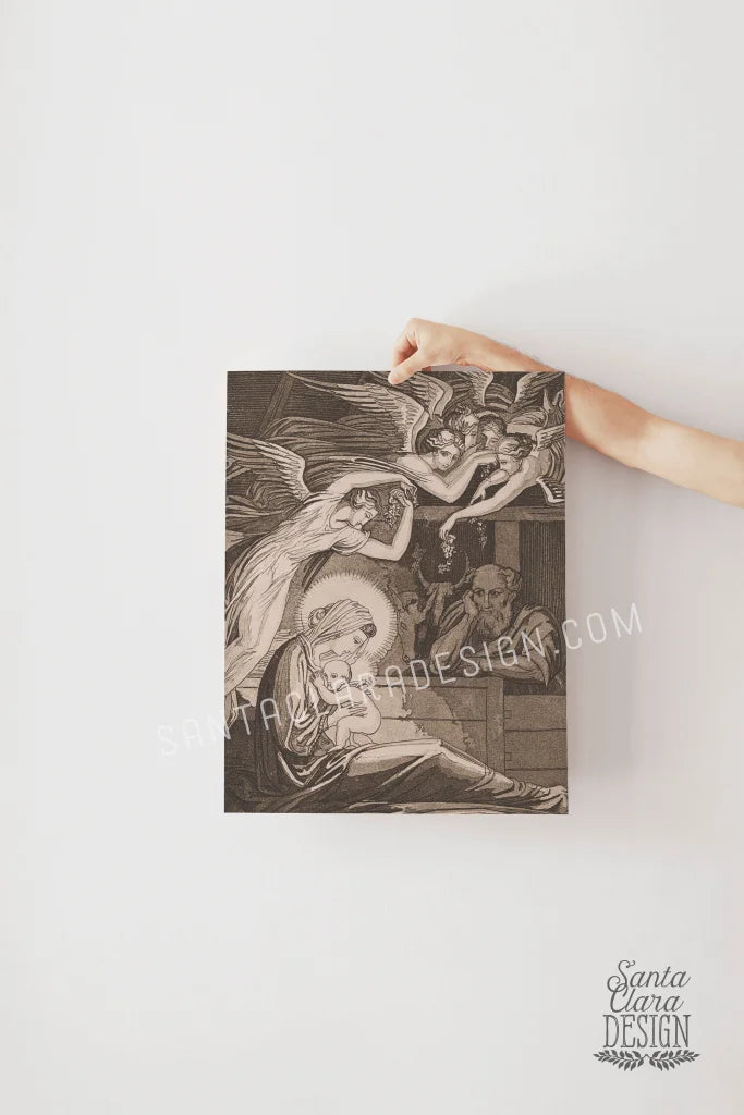Angelic Nativity in Sepia, Vintage Catholic Art, Nursing Mary, Jesus Mary & Joseph Art Print, Catholic Christmas Decor, Vintage Advent print
