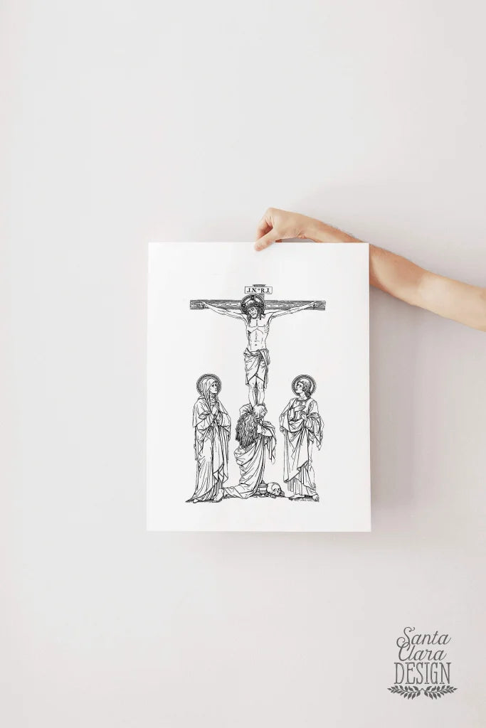 Crucifixion- Jesus, our Blessed Mother, Mary Magdalene &amp; St. John, Catholic print, Lent Art, Good Friday Print, Lent decor, way of the cross