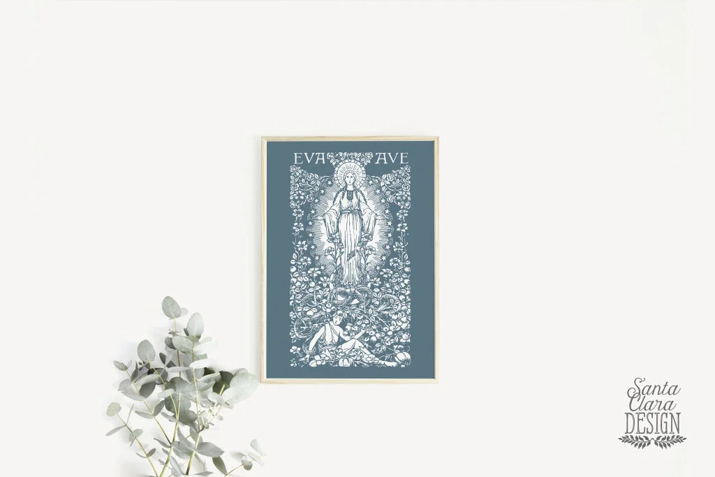 Eva to Ave Marian Garden Annunciation Print, Hail Mary vintage print, mother&#39;s day print catholic print, Blessed Mother, Mary art poster