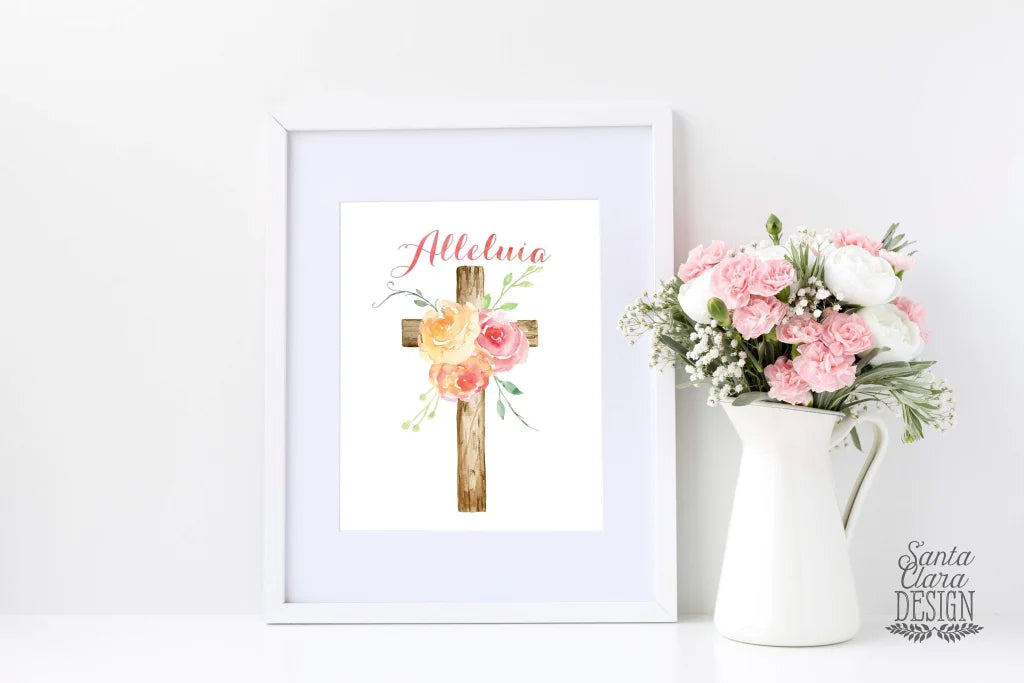 Floral Easter Alleluia Print, Wall Art Easter, Easter Wall Decor Print, Catholic Easter Print, Catholic christian art, Catholic home decor