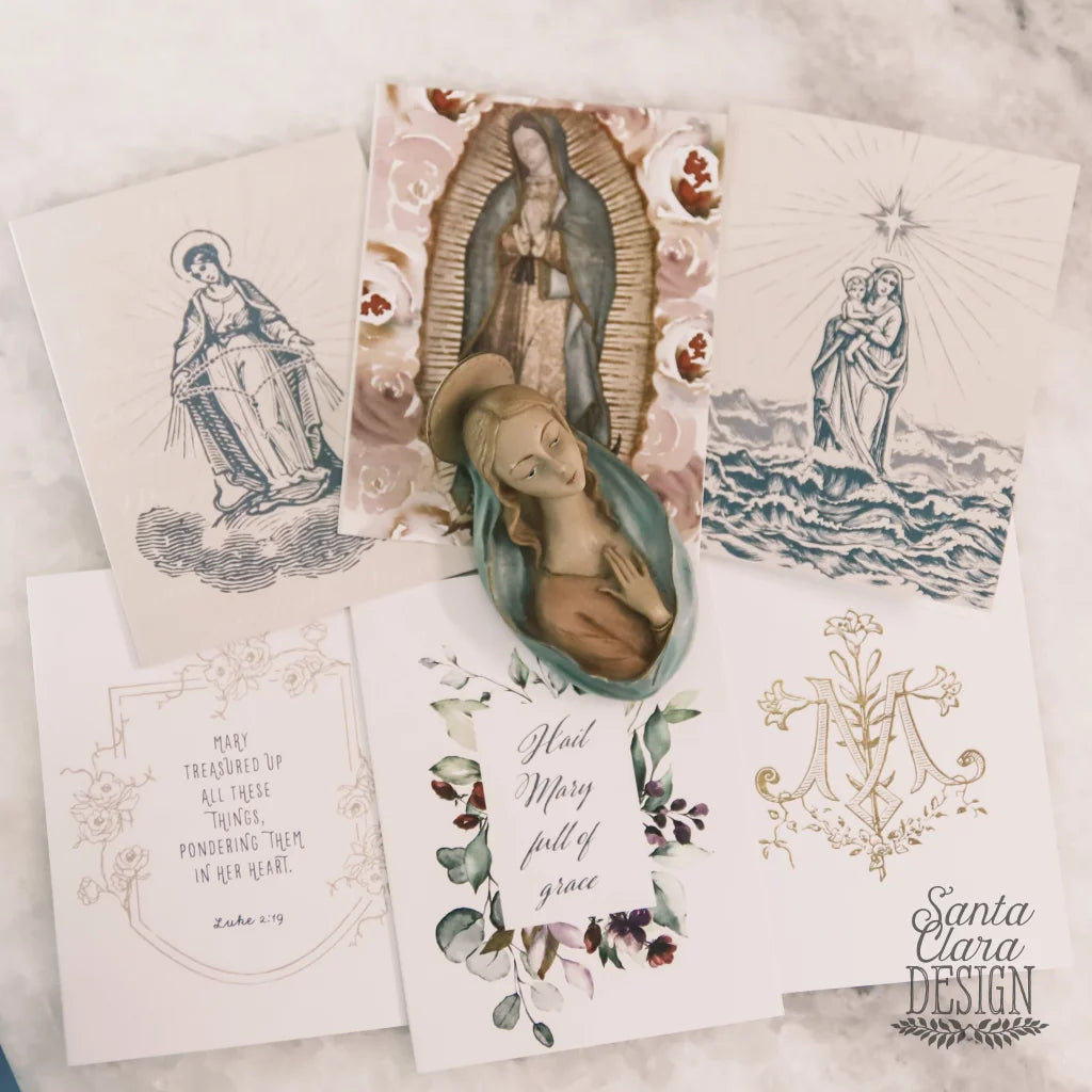 Marian Notecard Set of 6 or 12 assorted cards + envelopes A2 - Hail Mary, Rosary, Stella Maris, Guadalupe stationery for her, catholic gift