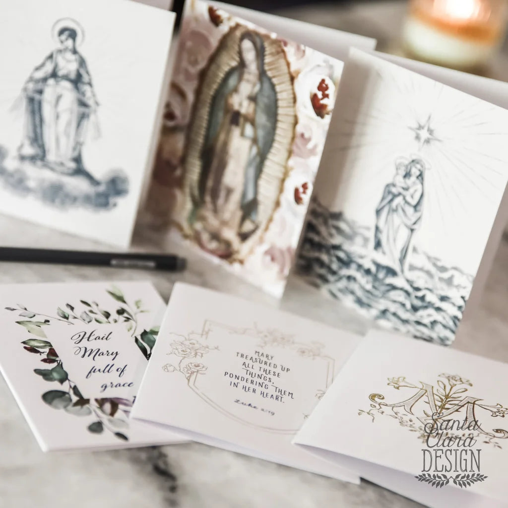 Marian Notecard Set of 6 or 12 assorted cards + envelopes A2 - Hail Mary, Rosary, Stella Maris, Guadalupe stationery for her, catholic gift