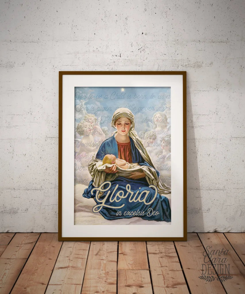Mary and Baby Jesus Gloria in Excelsis Deo Art Print | Christmas Advent Catholic Poster | Marian Decor | Blessed Mother &amp; Christ Child