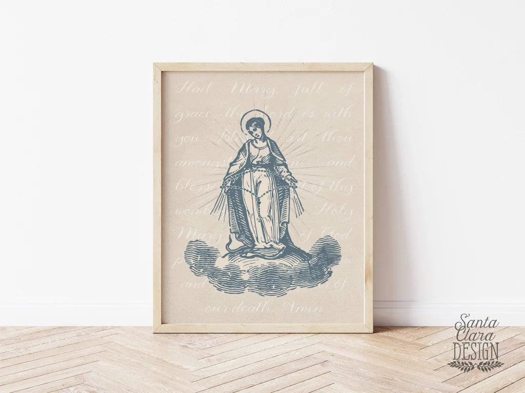 Our Lady of the Rosary Mary Art Print, Hail Mary print, Marian Catholic Art, Blessed Mother poster, Marian poster, catholic art, Rosary art