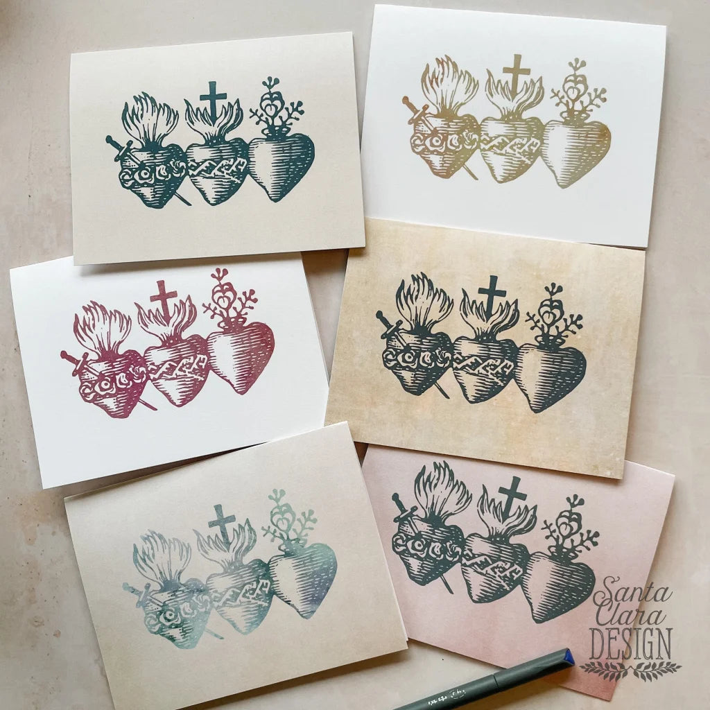Pastel Holy Family Three Hearts notecard and envelope set  - Holy Family Note Card Set of 6 - Hearts of Jesus Mary &amp; Joseph - Catholic Cards