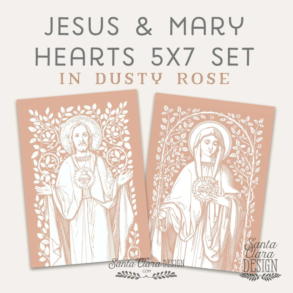 Sacred and Immaculate Hearts in DUSTY ROSE 5x7 Set of 2, frame not included, Catholic art, floral heart of Jesus, floral heart of Mary