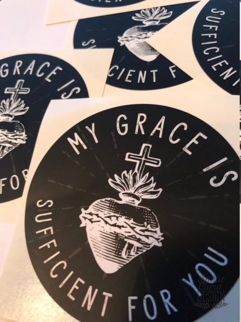 Sacred Heart Decal &amp;quot;My Grace is Sufficient for you&amp;quot; Catholic Inspirational Sticker for indoor &amp; outdoor use | waterbottle laptop faith decal