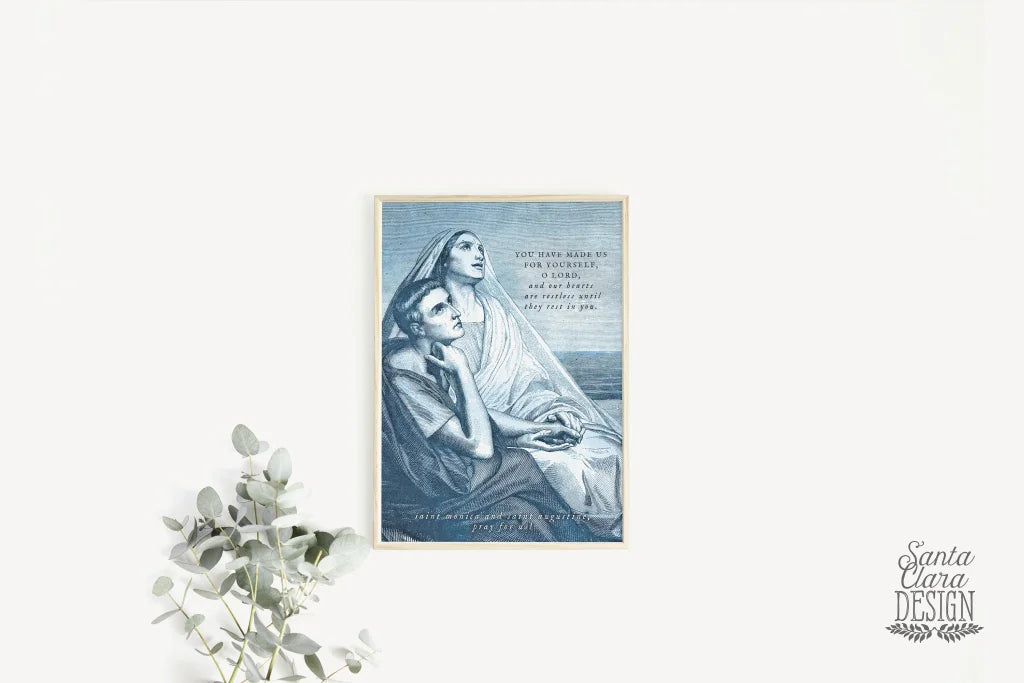 St. Augustine &amp; St. Monica Print, Our Hearts are Restless Catholic Art, saint Quote Art, Catholic Poster, Catholic gift, confirmation